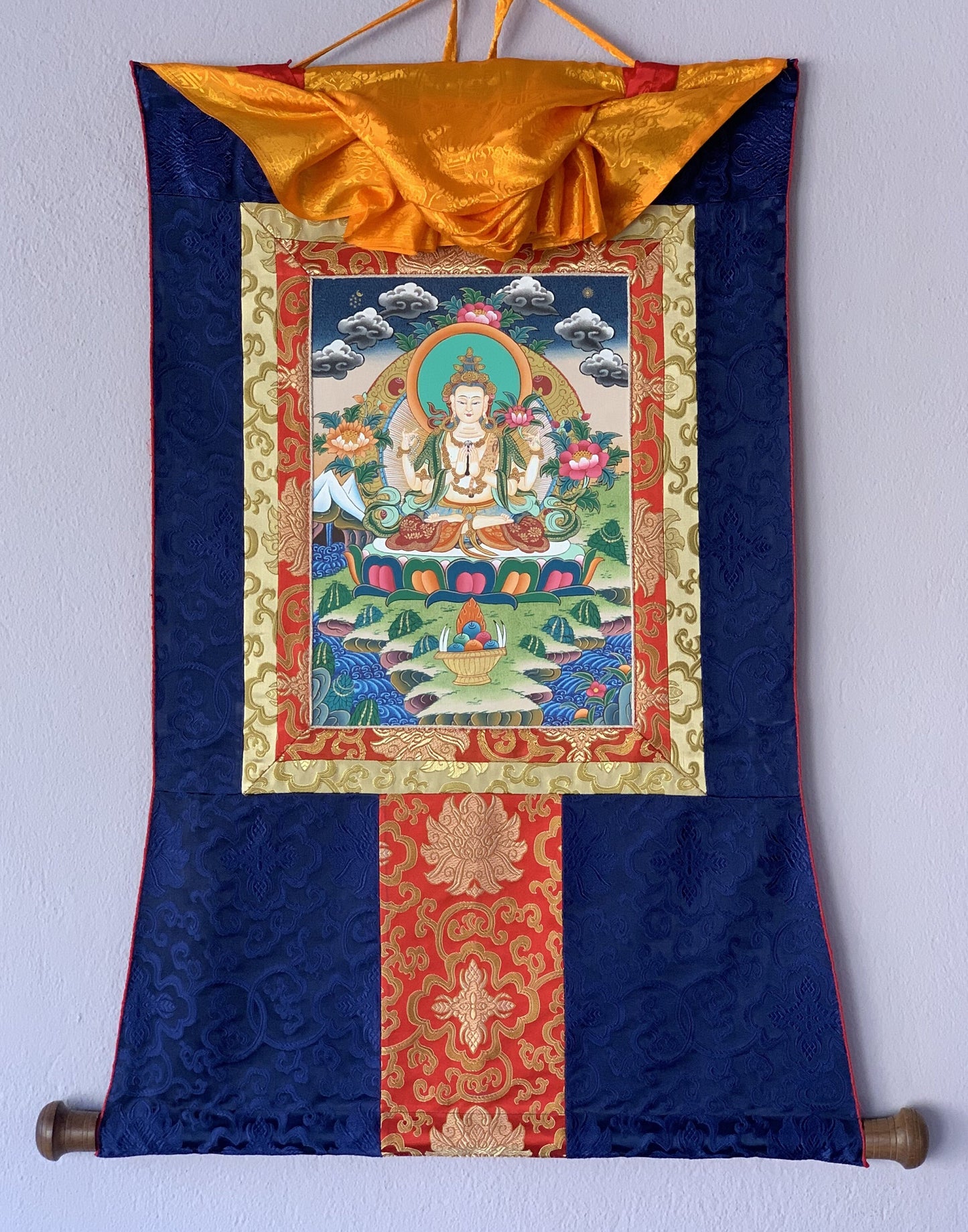4 Armed Avalokiteshvara, Chyangresi, Chenrezig, Original Hand Painted Tibetan Thangka Meditation Art with Silk Brocade