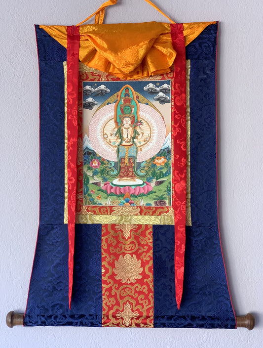 Chyangresi/Chenrezig/ Avalokiteshvara, Thangka Painting, Original Art/ Hand Painting with Premium Silk Border