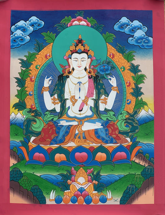 4 -Armed, Chyangresi, Chenrezig, Avalokiteshvara, Fine Quality, Tibetan Thangka Painting, Original Hand Painting  15 x 20 Inch