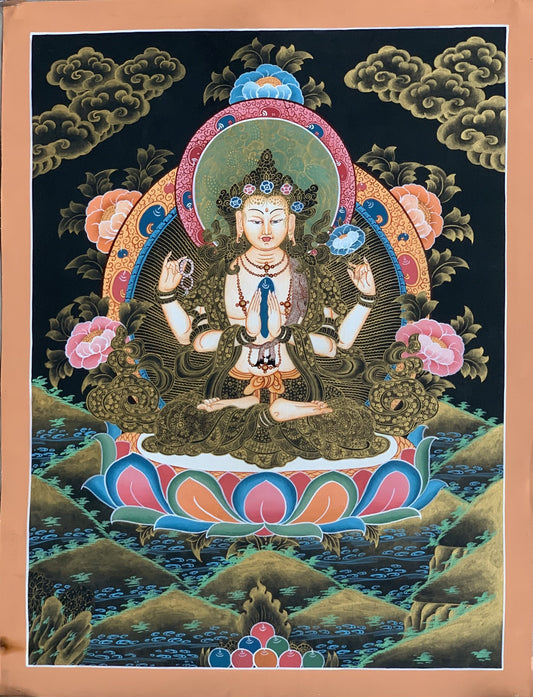 4 Armed, Chyangresi, Chenrezig, Avalokiteshvara, Master Quality, Tibetan Thangka Painting, Original Hand painted Art 13 x 18 Inches