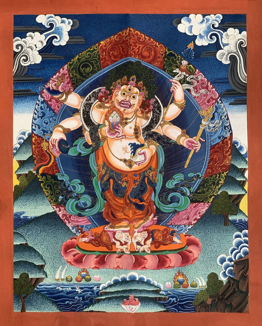 6-Armed,  White Mahakala, Mahakala, Kalabhairava, Master Quality Newari Paubha/Pauva/ Thangka, Original Hand-Painting 19 x 24 -Inches
