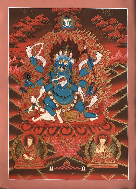 6-Armed Mahakala/ Kalabhairava Masterpiece Master Quality Original Tibetan Thangka Painting Compassion Meditation Art  20 x 27 -Inches