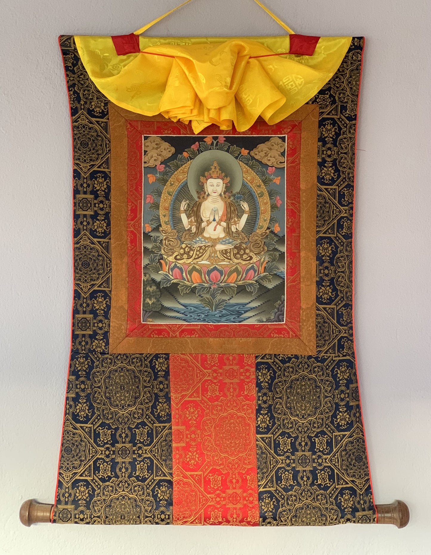 4 Armed Chyangresi, Chenrezig, Avalokiteshvara, Rare, Masterpiece Original Hand Painted Tibetan Thangka Painting with Premium Silk Border