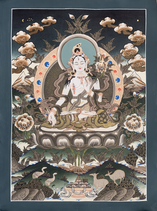 White Tara, Sitatara, Mother Goddess, Original Hand Painted Tibetan Thangka Meditation Art  16 x 22 Inch