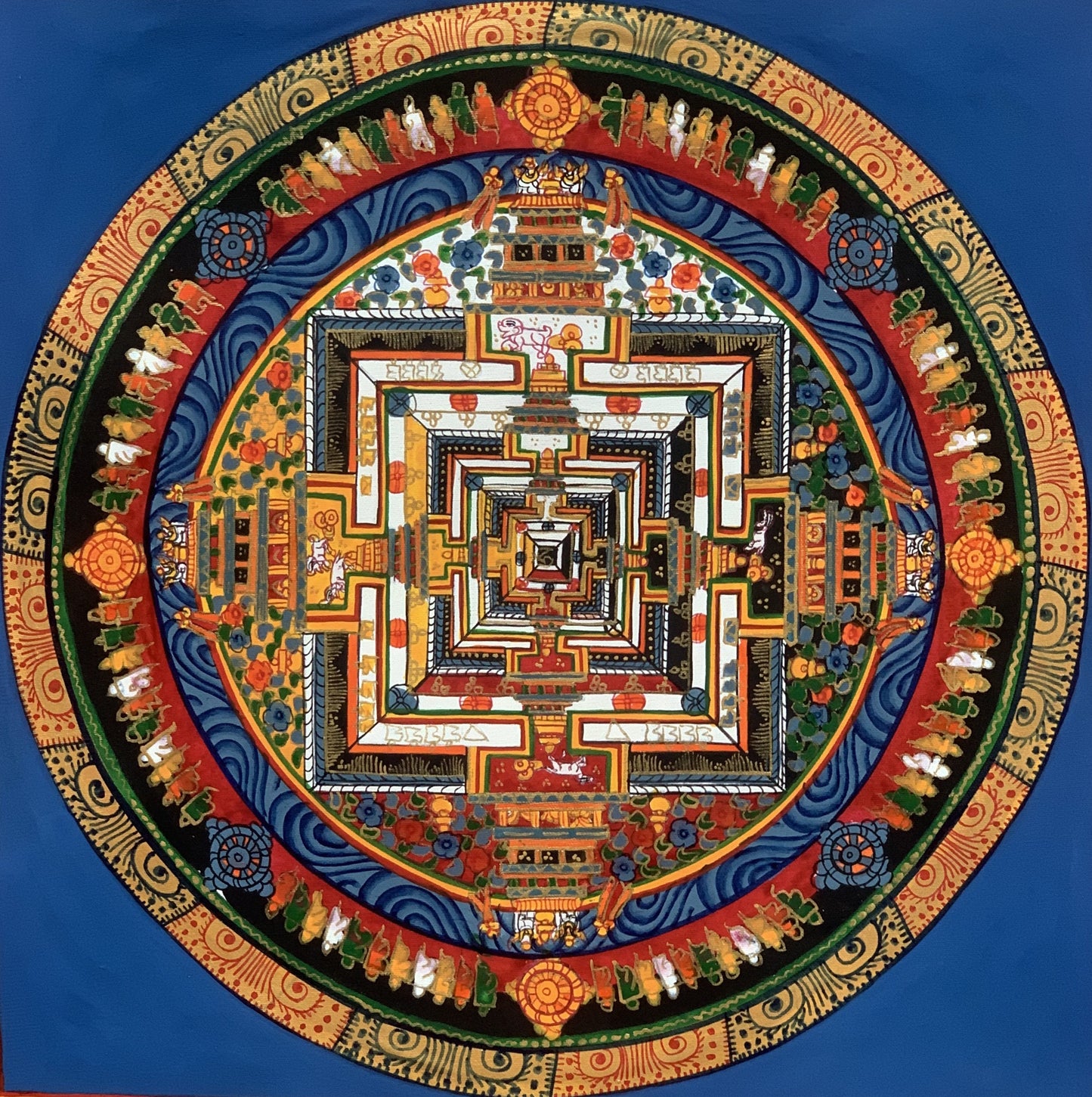 Wheel of Life, Wheel of Time, Kalachakra Mandala Hand Painted Original Tibetan Thangka  Meditation Art  12 x 12 Inch