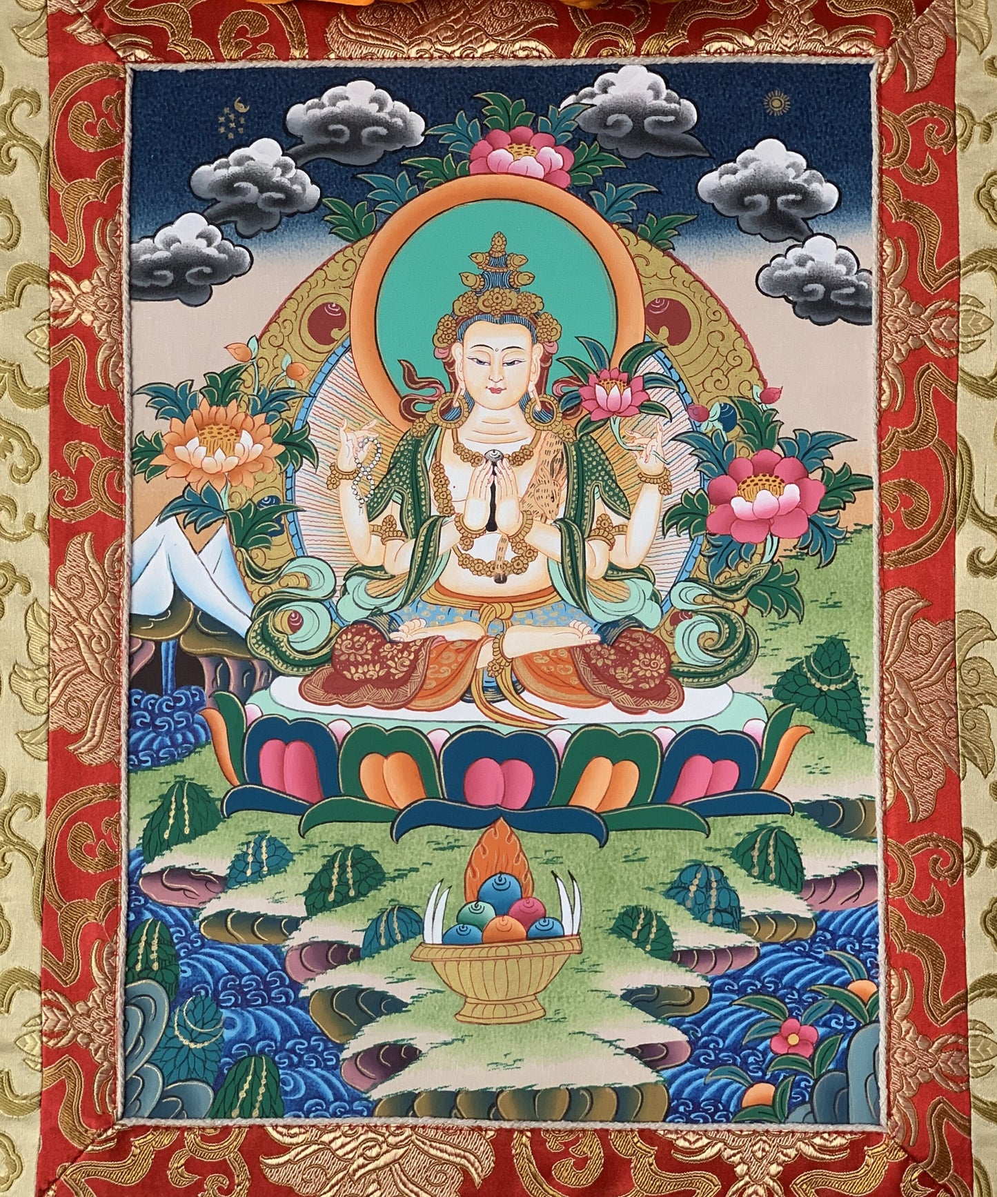4 Armed Avalokiteshvara, Chyangresi, Chenrezig, Original Hand Painted Tibetan Thangka Meditation Art with Silk Brocade