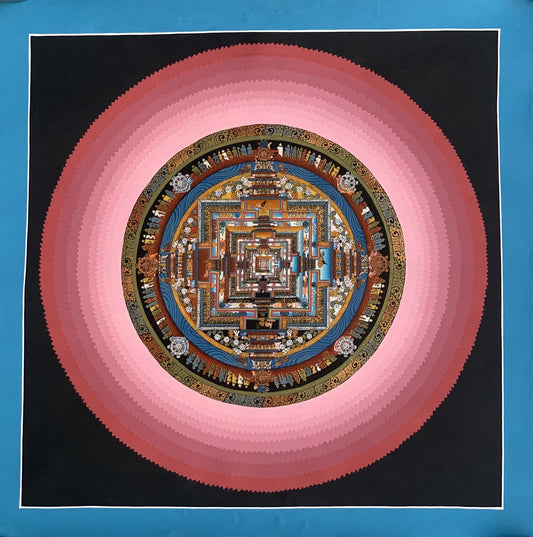 Wheel of Life Rainbow Lotus  Kalachakra Mandala Master Quality Gold Tibetan Thangka Painting Original Art  16 x 16 Inch