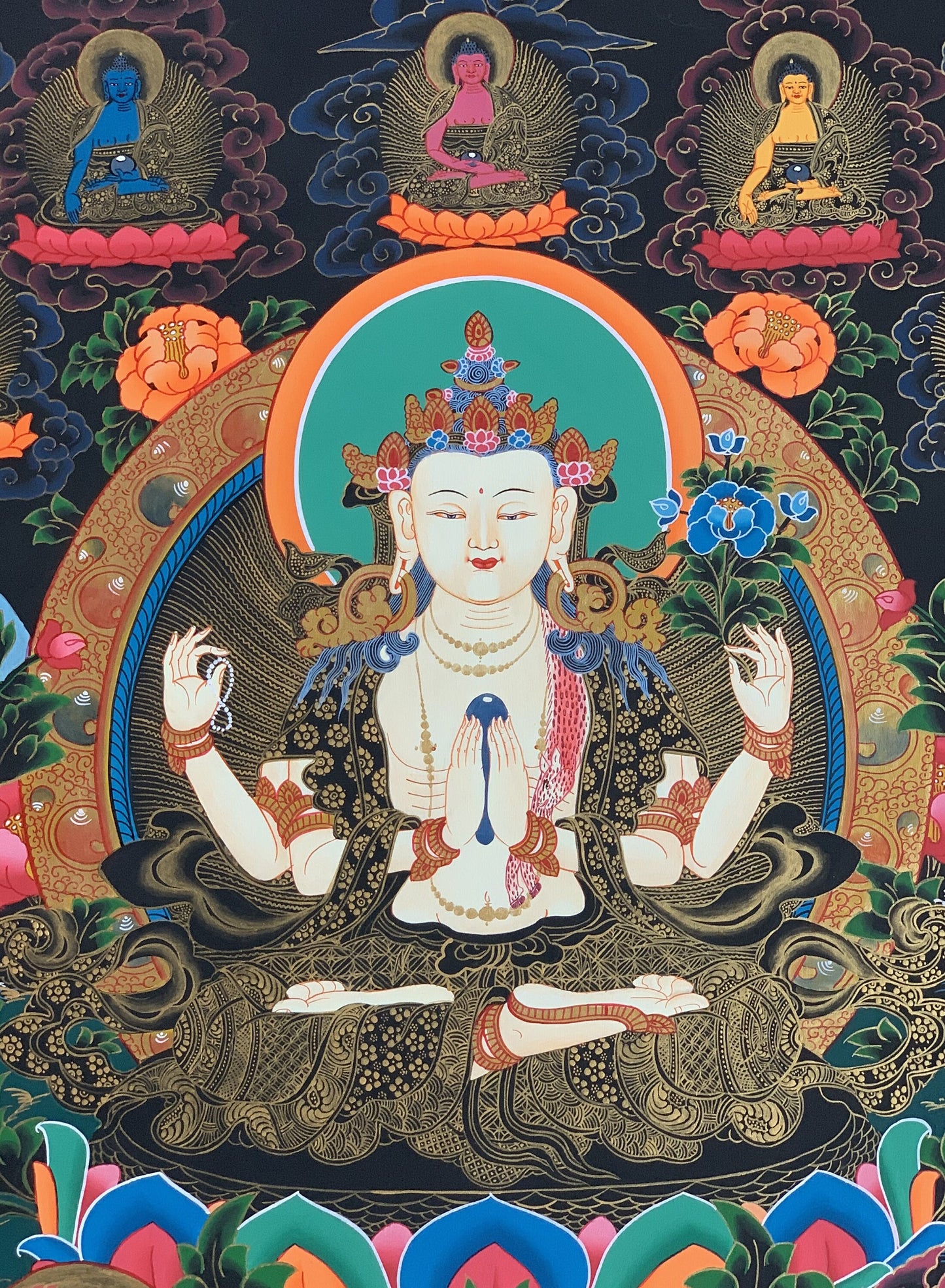 4 -Armed Chyangresi Chenrezig Avalokiteshvara Master Quality Original Tibetan Thangka Painting Compassion Meditation Art 21 x 27 Inch