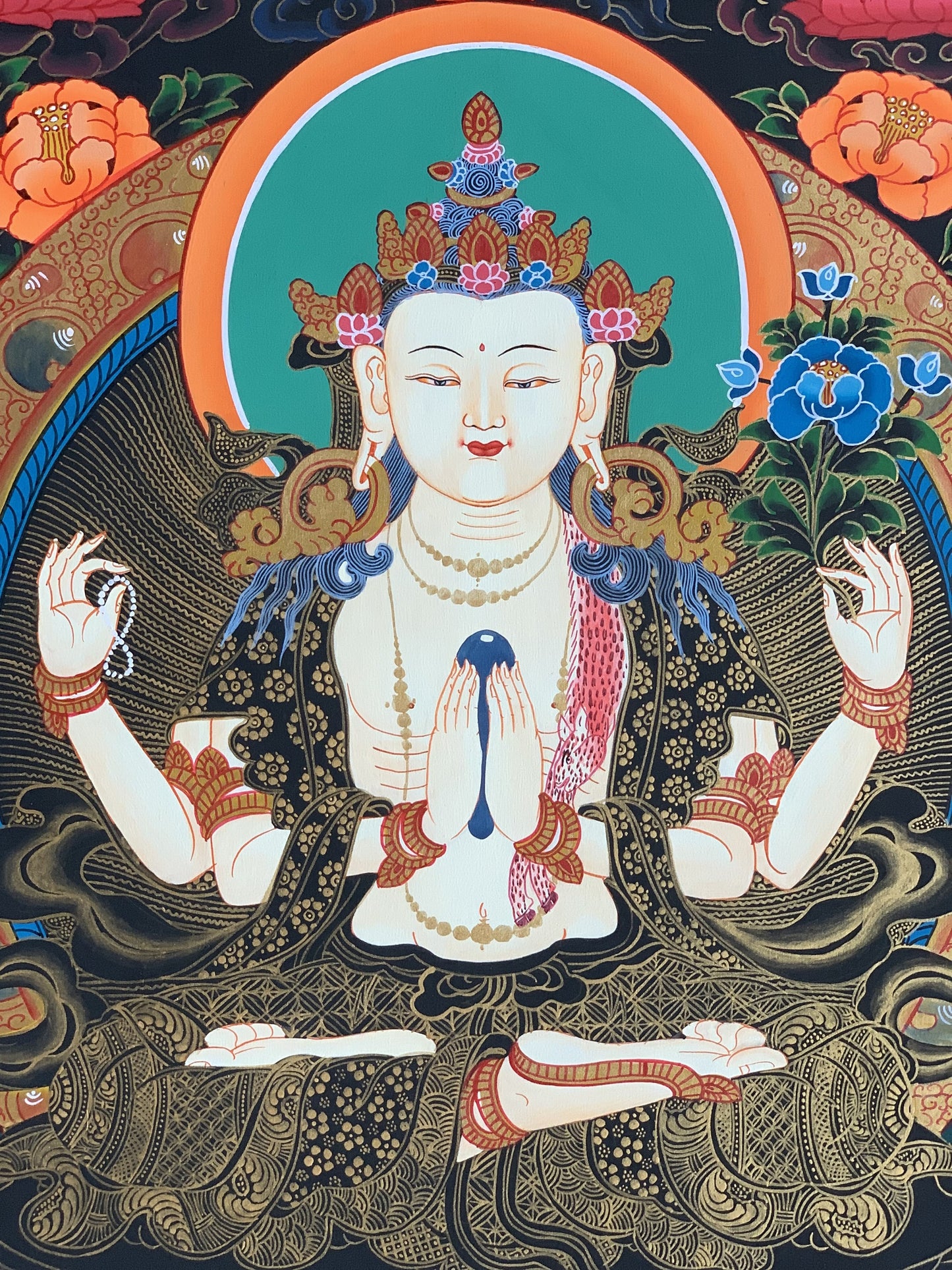 4 -Armed Chyangresi Chenrezig Avalokiteshvara Master Quality Original Tibetan Thangka Painting Compassion Meditation Art 21 x 27 Inch