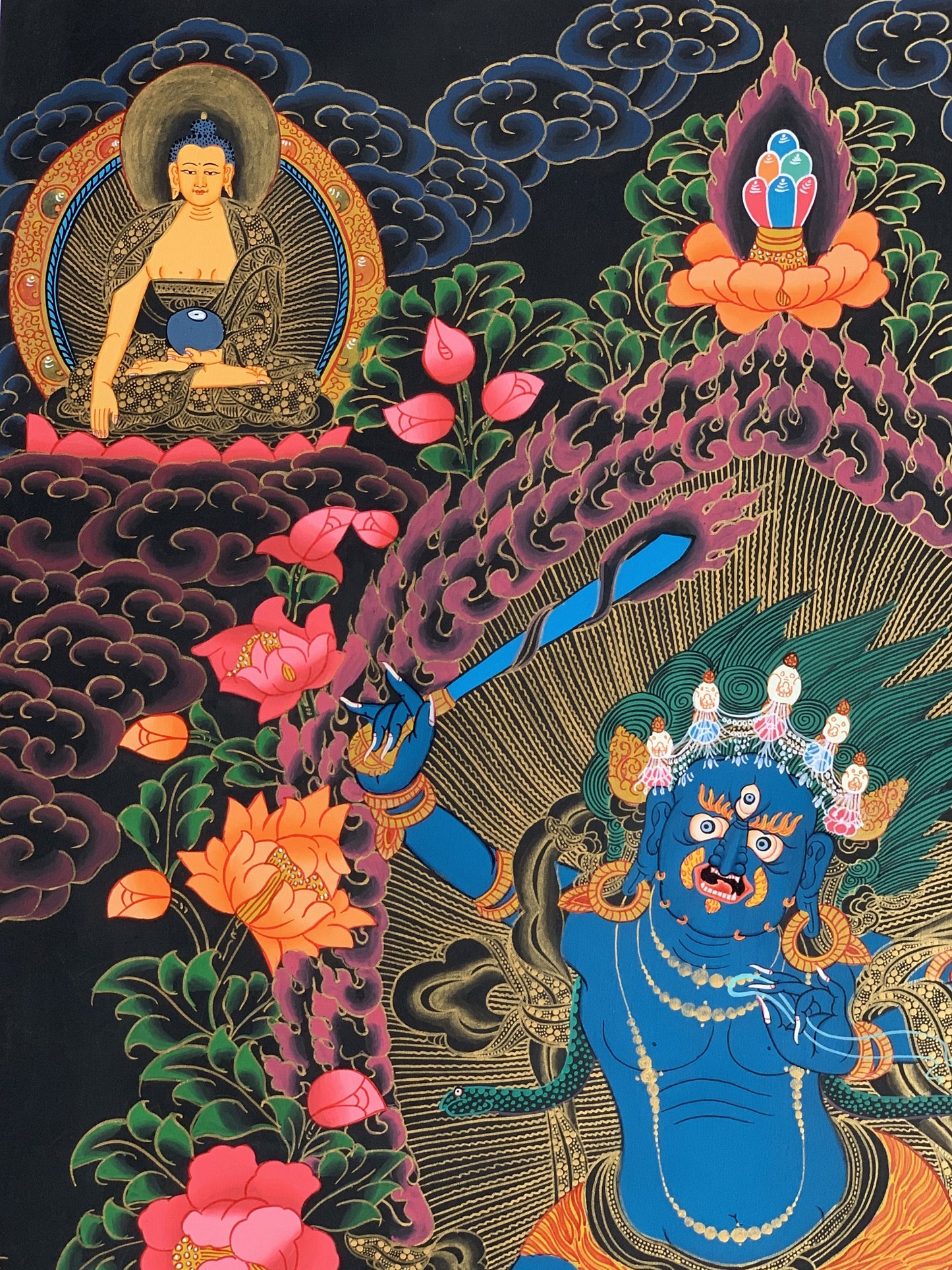 2 Armed Mahakala/ Kalabhairava Masterpiece Master Quality Original Tibetan Thangka Painting Compassion Meditation Art  21 x 27 -Inches
