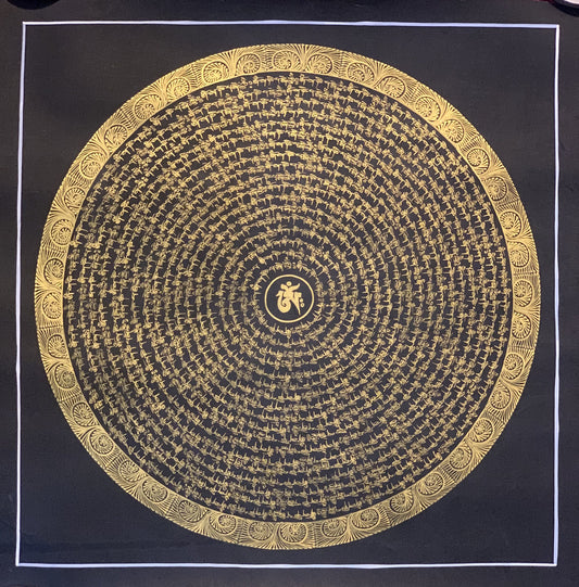 Tibetan Om Mantra Mandala Wheel of Life/Time  Black and Gold Thangka Painting Original Meditation Art