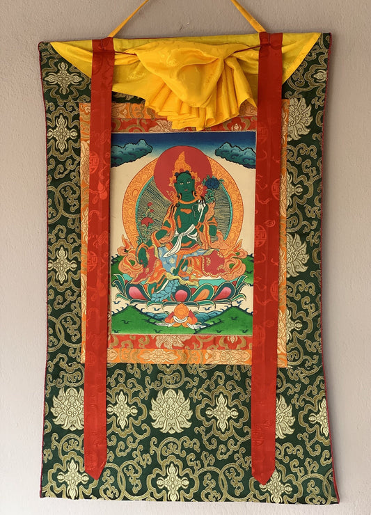 Green Tara, Shyamatara, Tibetan Thangka Painting, Original Art  with Silk Frame ( Brocade)