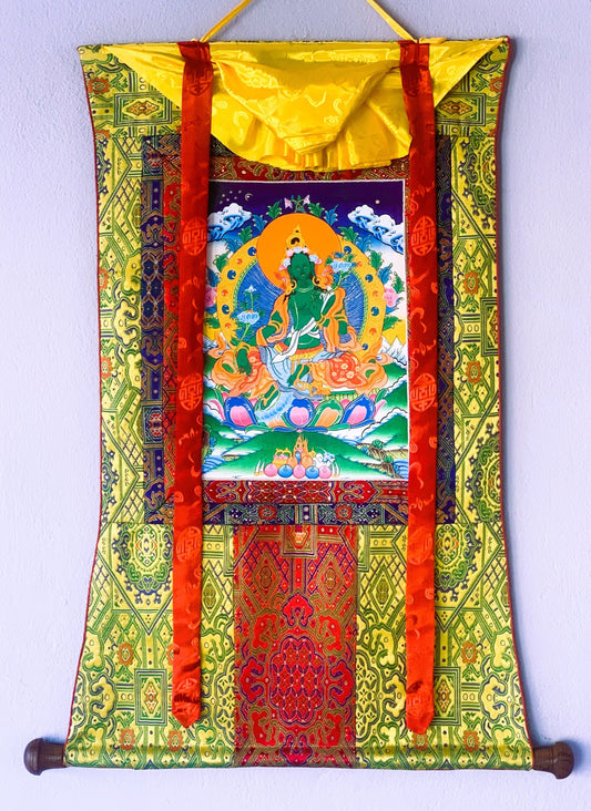 Green Tara/ Shyamatara Mother Goddess Tibetan Thangka Painting Original Hand Painting with Premium Silk Brocade
