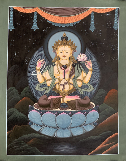 4 Armed Chyangresi Chenrezig Avalokiteshvara Rare Masterpiece Master Quality Newari Paubha/Pauva Original Thangka Painting Meditation Art