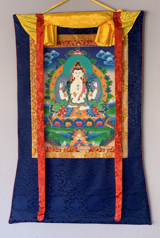 Four Armed Chyangresi Chenrezig Avalokiteshvara Fine Quality Tibetan Thangka Painting Original Hand Painting with Silk Brocade