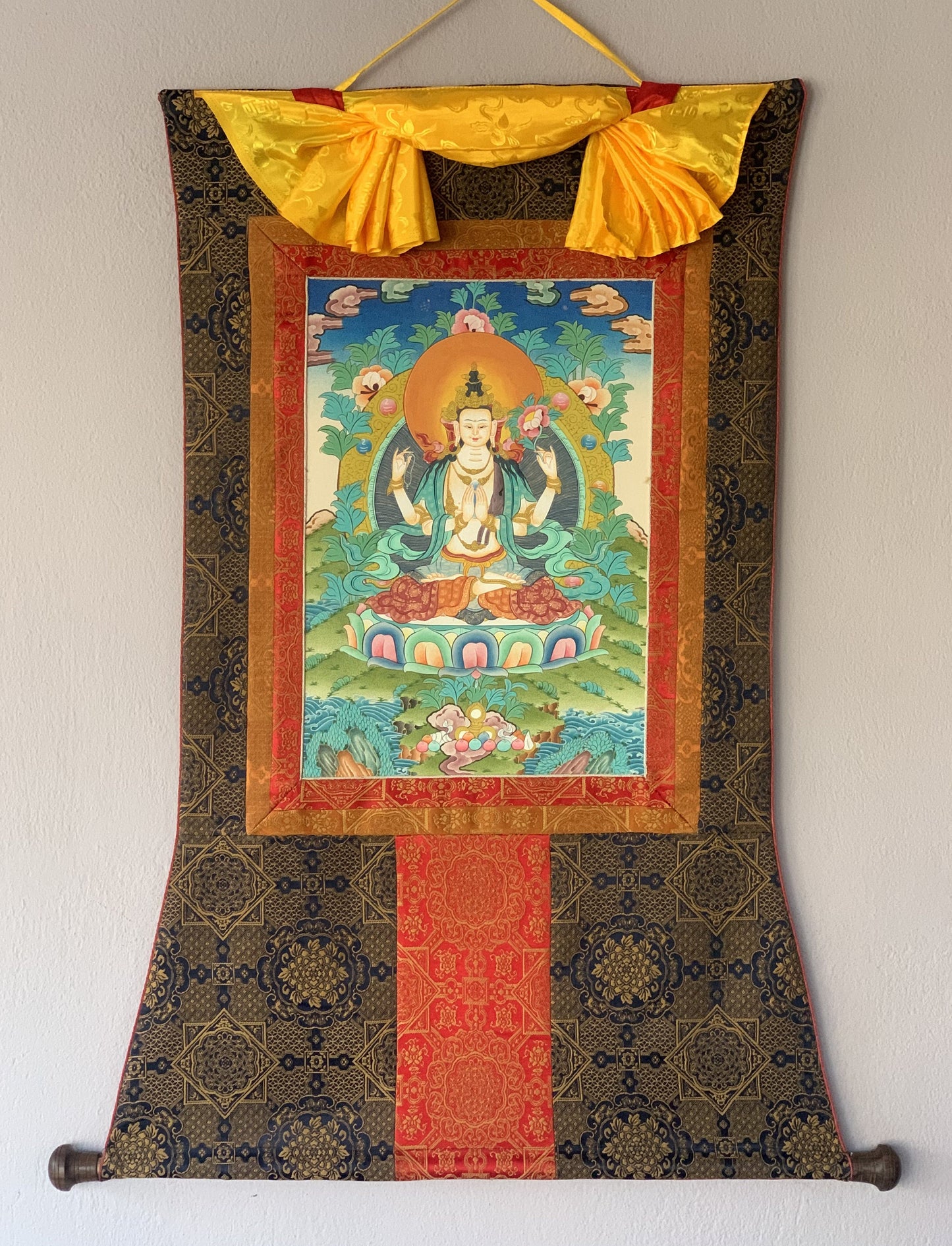 Avalokiteshvara Chyangresi Chenrezig Bodhisattva of Compassion Master Quality Original Tibetan Thangka Painting  with Premium Silk Brocade