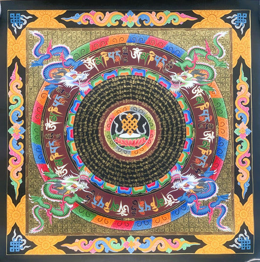 Astamangala  Dragon and Om Mantra Mandala Tibetan Thangka Painting Original Meditation Art