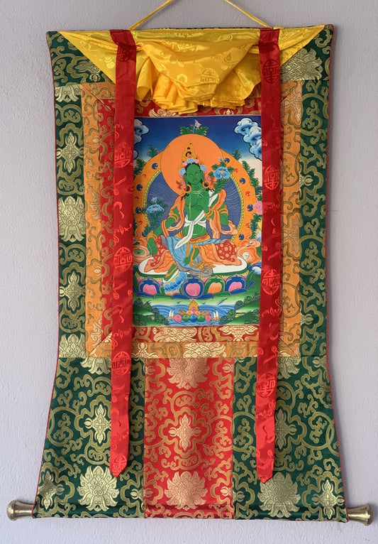 Green Tara/ Shyamatara Mother Goddess Tibetan Thangka Original Hand Painting with Silk Brocade