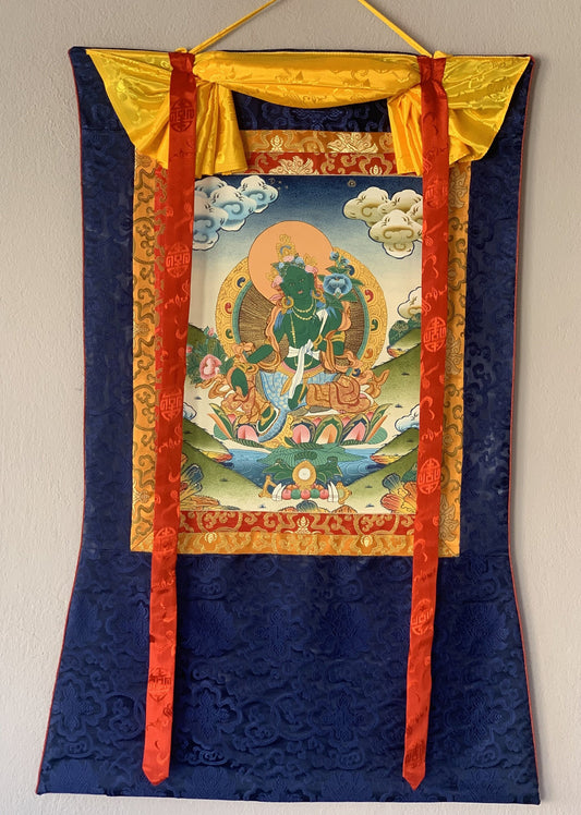 Green Tara Shyamatara Goddess of Compassion Tibetan Thangka Painting Original Art, with Blue Silk Brocade