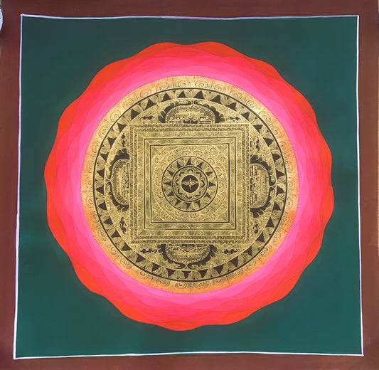 Rainbow Mantra Mandala Wheel of Life  Wheel of Time Tibetan Thangka Painting with Buddha Eye in Center Original Art, 20 x 20-Inch