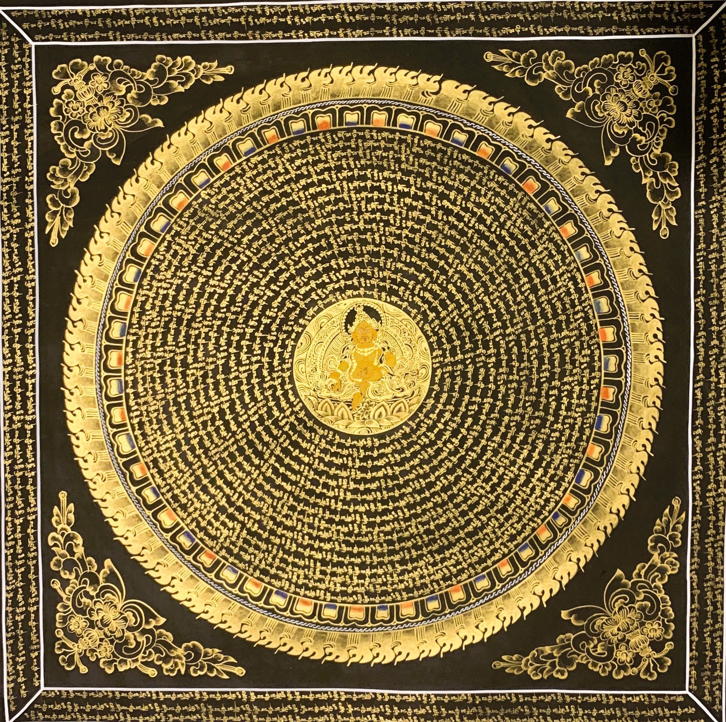 Zambala/ Jambhala  Mantra Mandala Large Tibetan Thangka Painting, Original Hand-Painted Art for Meditation, Healing, Home Decor