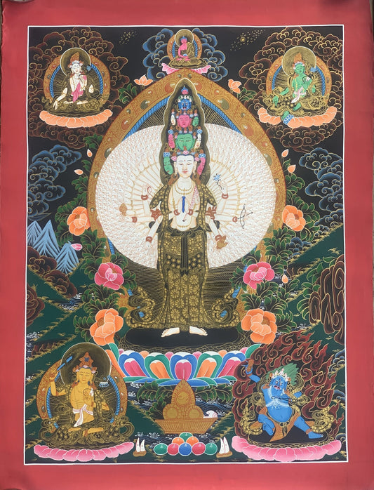 1000 Armed Sahastrabhuja Avalokitesvara Chyangresi Chenrezig Thangka Painting Hand Painting Original Art 20 x 27-Inches