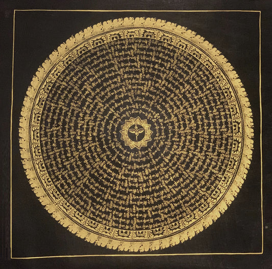 Tibetan Om/ Om Mani Padme Hum Mantra Mandala Wheel of Life Black and Gold Original Thangka Painting /Meditation Art/Home Décor