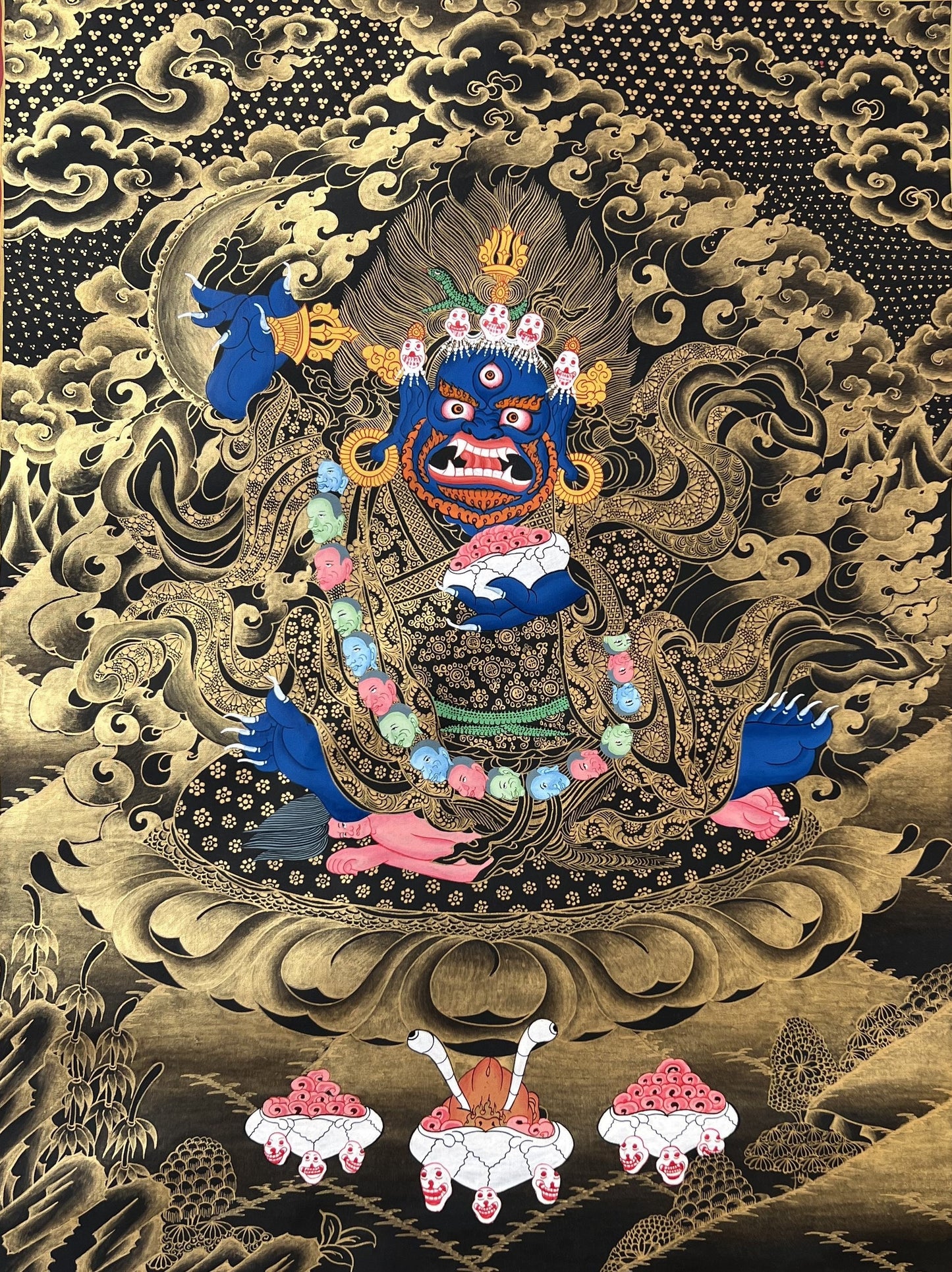 2-Armed  Semi Wrathful Mahakala/ Kalabhairava Master Quality Original Tibetan Thangka Painting/ Hand Painting/ Buddhist Art