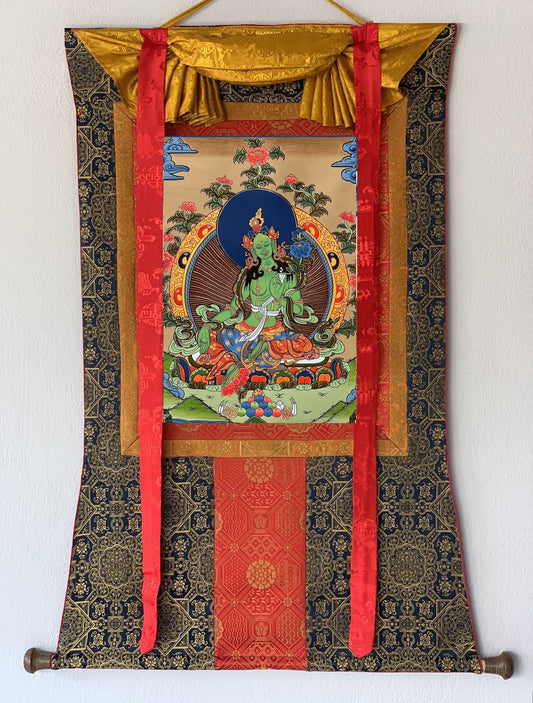 Green Tara/ Shyamatara Mother Goddess Tibetan Thangka Painting Original Hand Painted Meditation Healing Art with Premium Silk Brocade