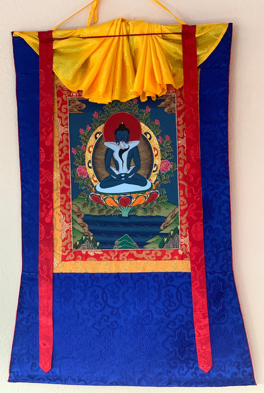 Buddha Shakti, Samantabhadra, Tibetan Thangka Painting, Original Art with Silk Brocade