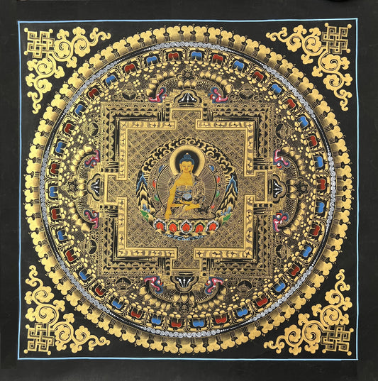 Shakyamuni Buddha Mandala Black and Gold Tibetan Thangka Painting Original Hand-Paining/Healing and Meditation Art/ Wall Hanging