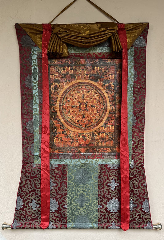 Buddha Life/ Wheel of Life/ Bhavachakra Mandala Old Oil Varnished Tibetan Thangka Painting Original Art  with Silk Brocade