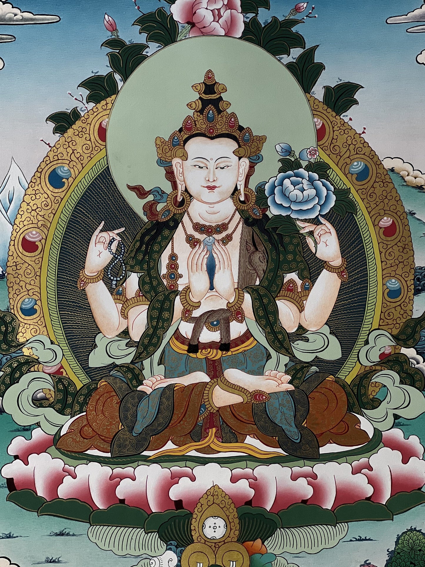 4 -Armed, Chyangresi, Chenrezig, Avalokiteshvara Bodhisattva High-Quality Masterpiece Hand Painted  Tibetan Thangka Painting, Original Art