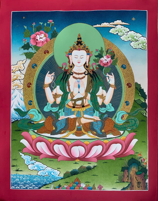 4 -Armed, Chyangresi, Chenrezig, Avalokiteshvara, Bodhisattva, Master Quality, Tibetan Thangka Painting, Original Art 18 x 24 Inch