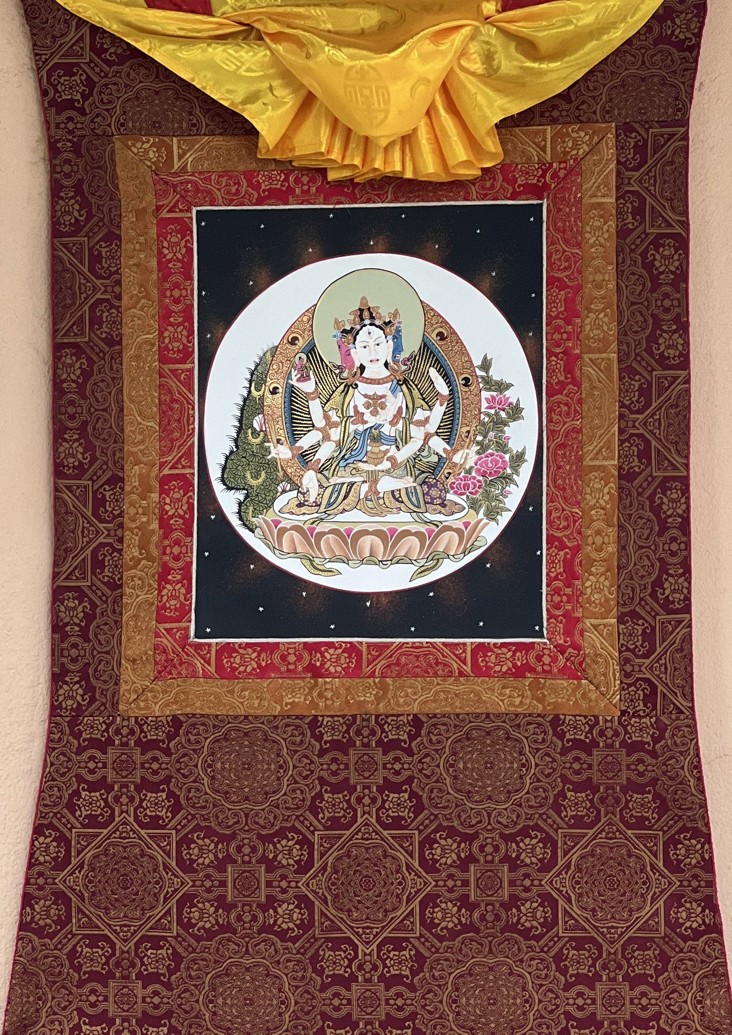 Basundhara, Namgyalma, Dakini of Longevity Tibetan Thangka Painting, Original Art, Bordered with Premium Quality Silk