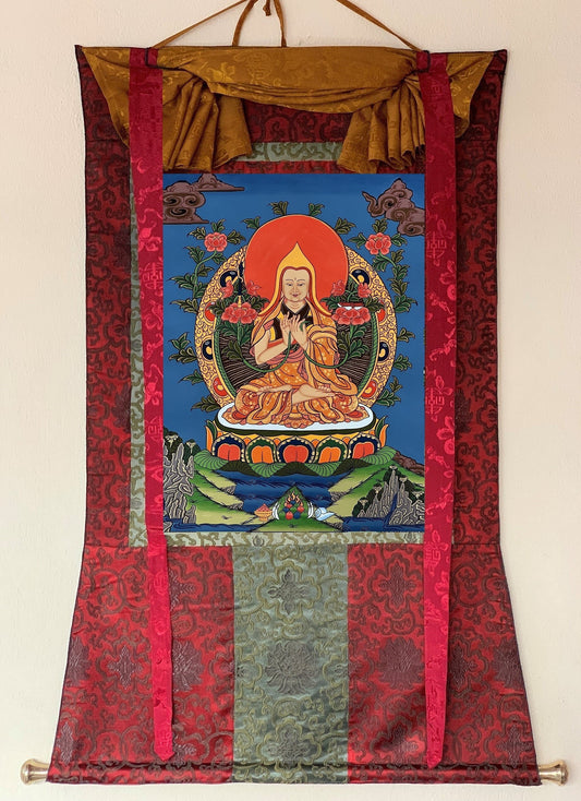 Chongapa/ Je Tsongkhapa  Tibetan Master High Quality Tibetan Thangka Painting Original Art  with Silk Brocade