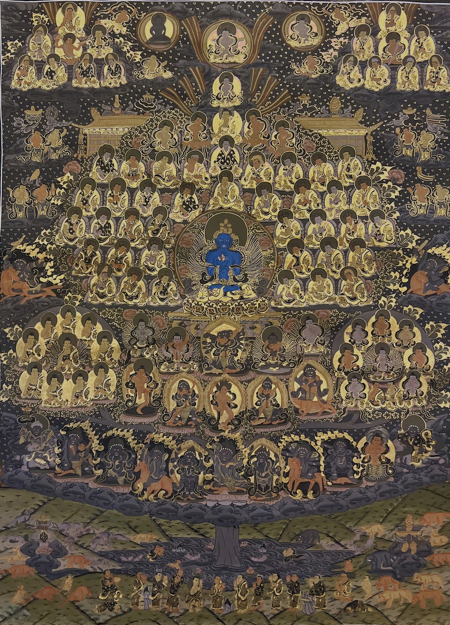 Buddha Vajradhara ( Dorje Chang ) Kagyu Lineage Tree Master Quality Black and Gold Tibetan Thangka Original Hand Painting/ Wall Hanging