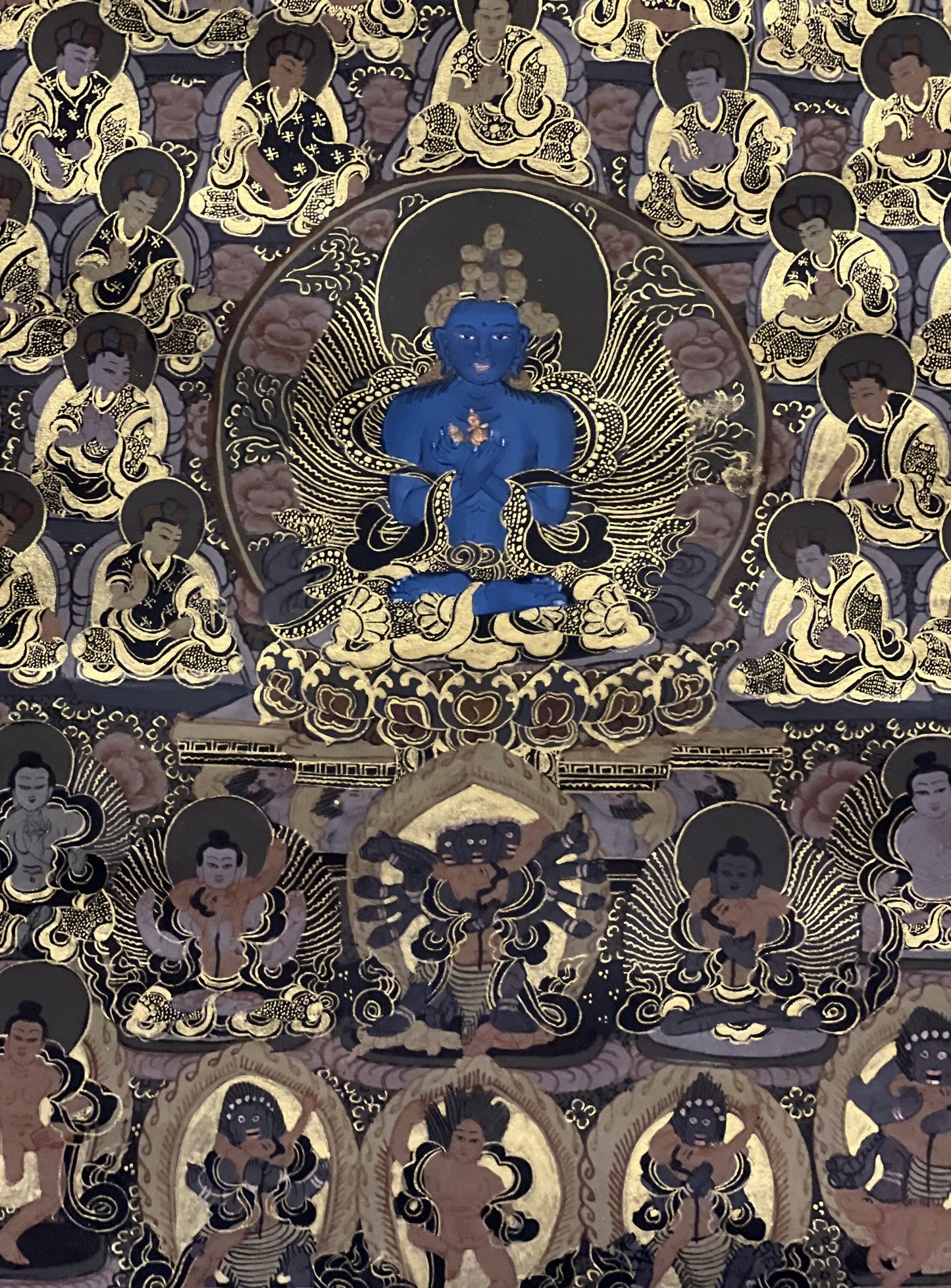 Buddha Vajradhara ( Dorje Chang ) Kagyu Lineage Tree Master Quality Black and Gold Tibetan Thangka Original Hand Painting/ Wall Hanging