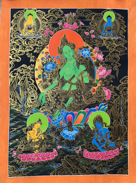 Green Tara/ Shyamatara/ Mother Goddess Tibetan Thangka Painting Original Hand Painted Compassion Meditation Art