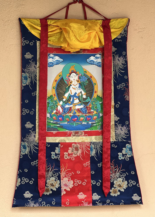 White Tara/Mother Tara Goddess of Protection Hand Painted Original Tibetan Thangka Painting/ Buddhist Art  with Silk Border