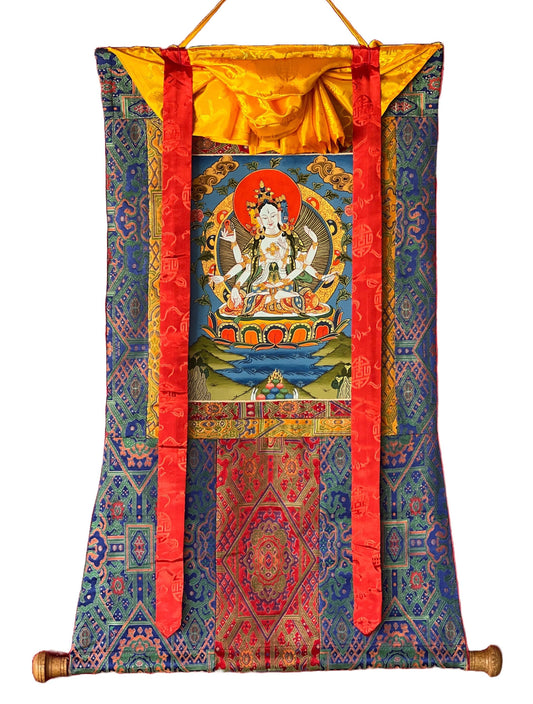 Basundhara/Namgyalma/ Dakini of Longevity Tibetan Thangka Painting, Original Art, Bordered with High Quality Silk