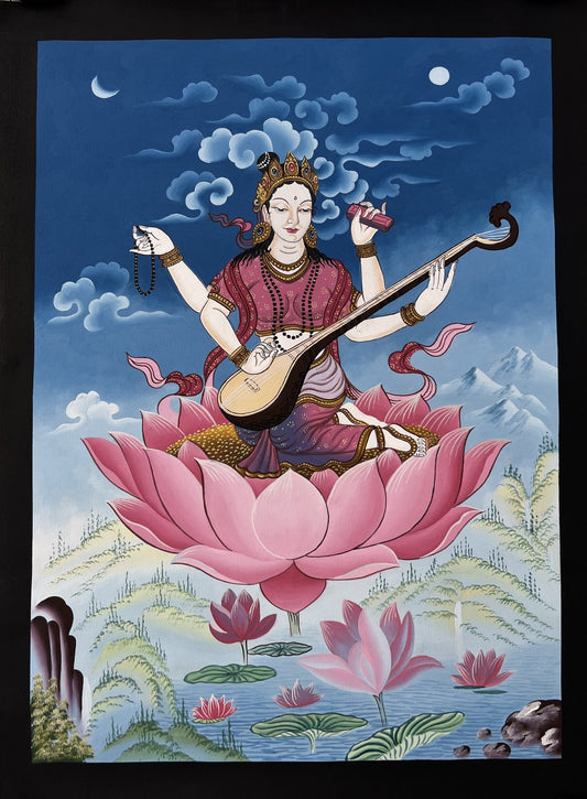 Goddess Saraswoti Mother of Wisdom Learning and Music Newari Paubha Thangka Painting Original Art