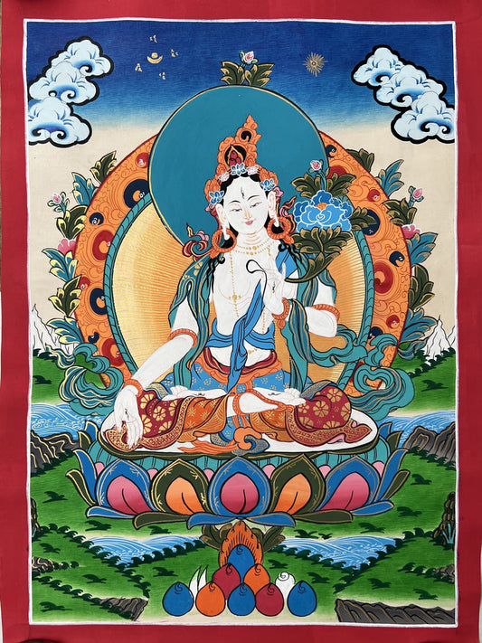 White Tara/ Sitatara/ Mother Goddess Hand Painted Tibetan Thangka Painting Original Buddhist Meditation Art