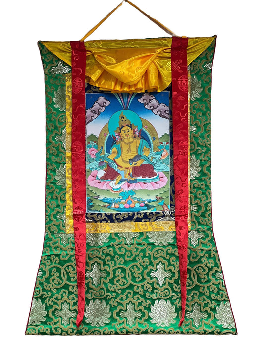 Yellow Jambhala/ Zambala/Kuber God of Wealth Tibetan Thangka Painting/ Original Buddhist Meditation Art  with Silk Border