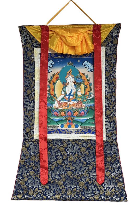 White Tara/ Sitatara/ Mother Goddess Hand Painted Original Master Quality  Tibetan Thangka Painting Buddhist Meditation Art with Silk Border