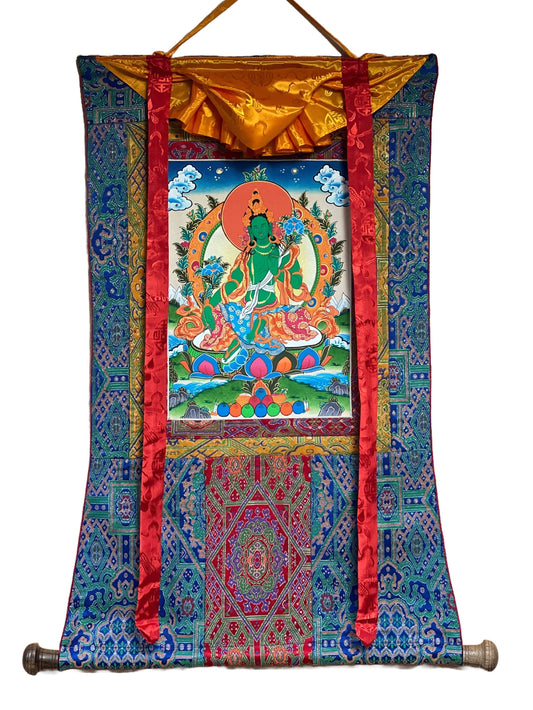 Green Tara/Mother Goddess Original Tibetan Thangka Painting/ Buddhist Meditation Art with Premium Silk Brocade