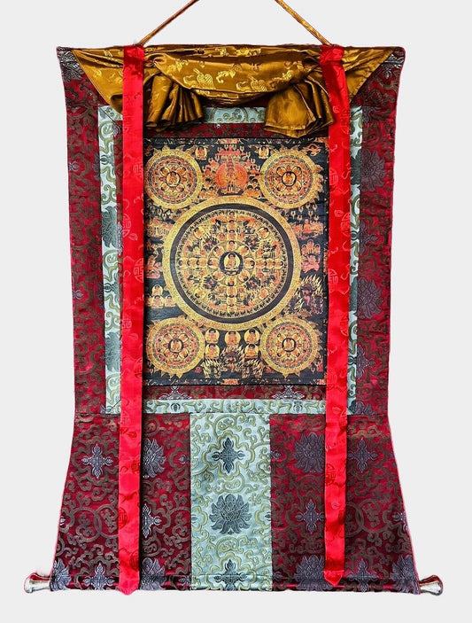 Pancha Buddha / Wheel of Life/ Bhavachakra Samsarachakra Mandala,Oil Varnished Old Tibetan Thangka Painting, Original Art  with Silk Brocade
