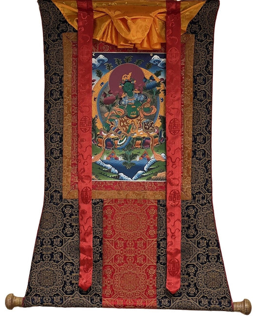 Green Tara/ Shyamatara/ Mother Goddess Master Quality Tibetan Thangka Painting Original Buddhist Art with Premium Silk Brocade