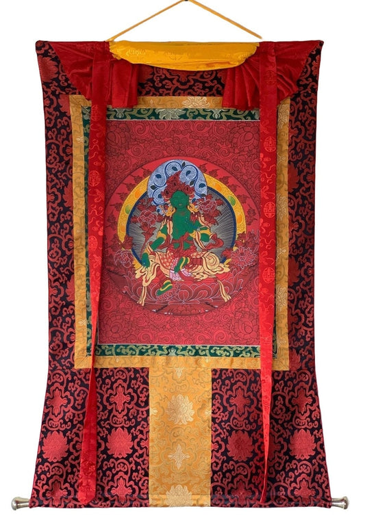 Green Tara Devine Mother Original Masterpiece High-quality Tibetan Thangka Painting with Silk Brocade