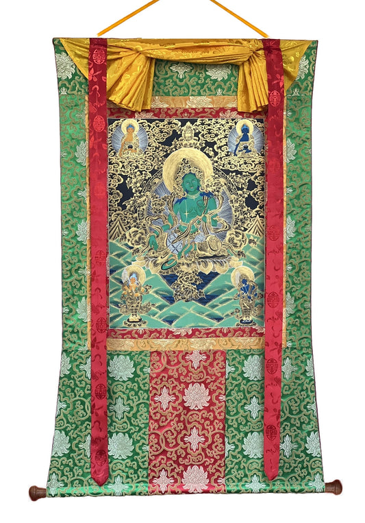 Green  Tara, Shyamatara,  Mother Goddess, Tibetan Thangka Painting, Original, Hand- painted,  Buddhist Art with Silk Brocade